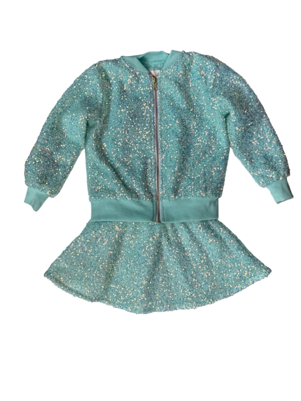 Sparkle Teal Girls Matching Skirt Set - Teal Glitter Bomber & Skirt